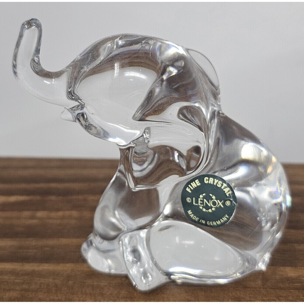 Lenox Fine Crystal Sitting Elephant Figure Paperweight 4" Trunk Up Germany Vtg